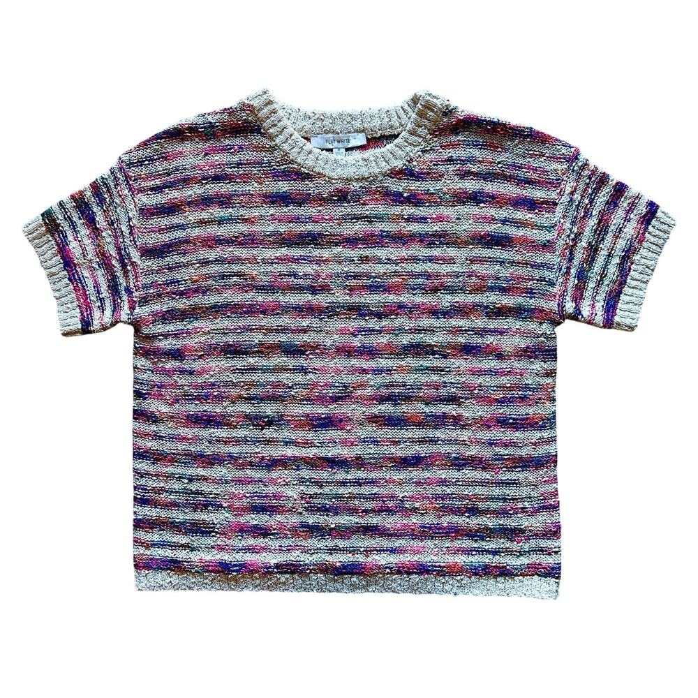 Anthropologie Flat White Cream/Multicolor Striped Short Sleeve Sweater Size M
